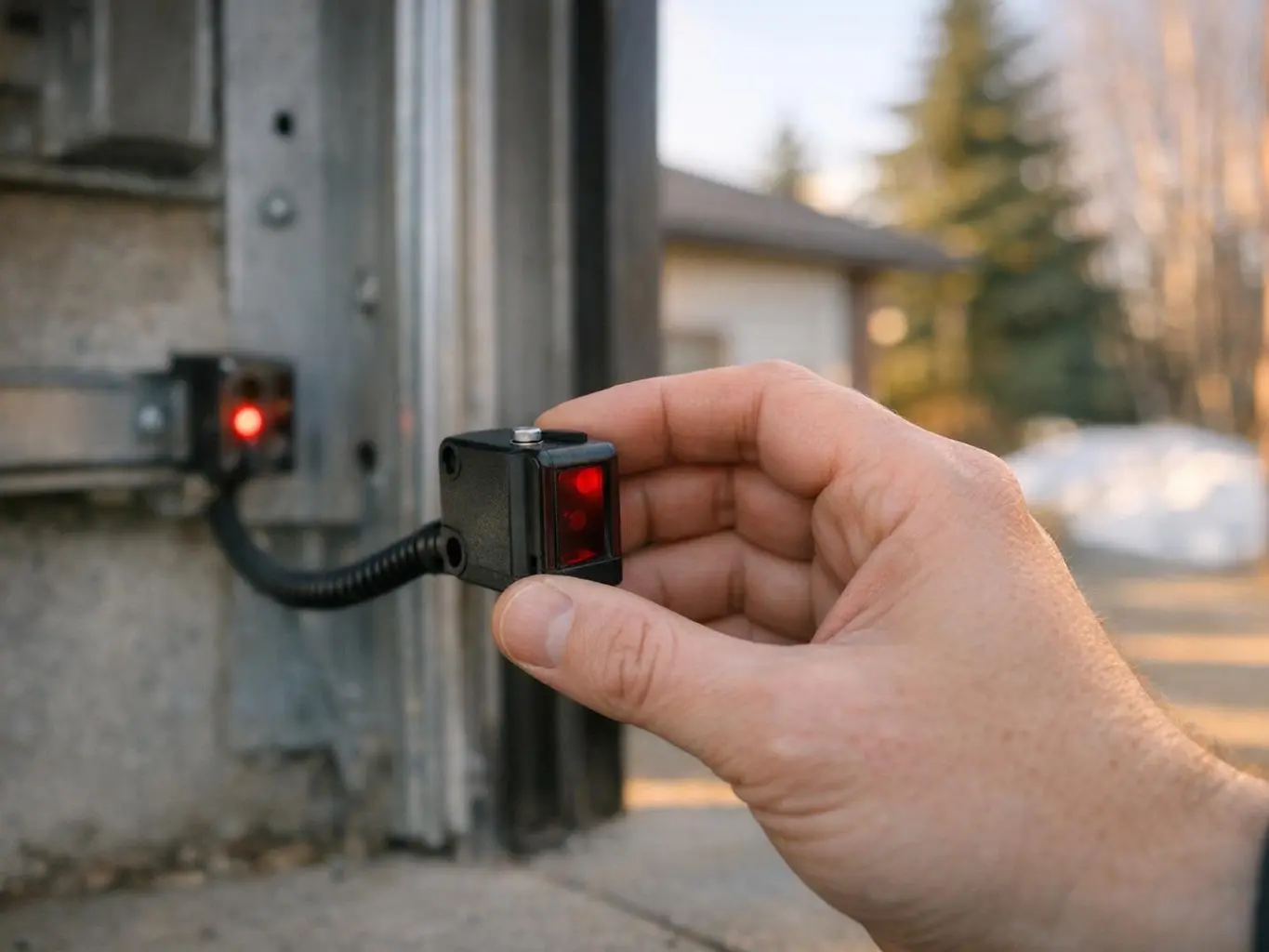 Technician adjusting garage door spring in Leduc neighborhood