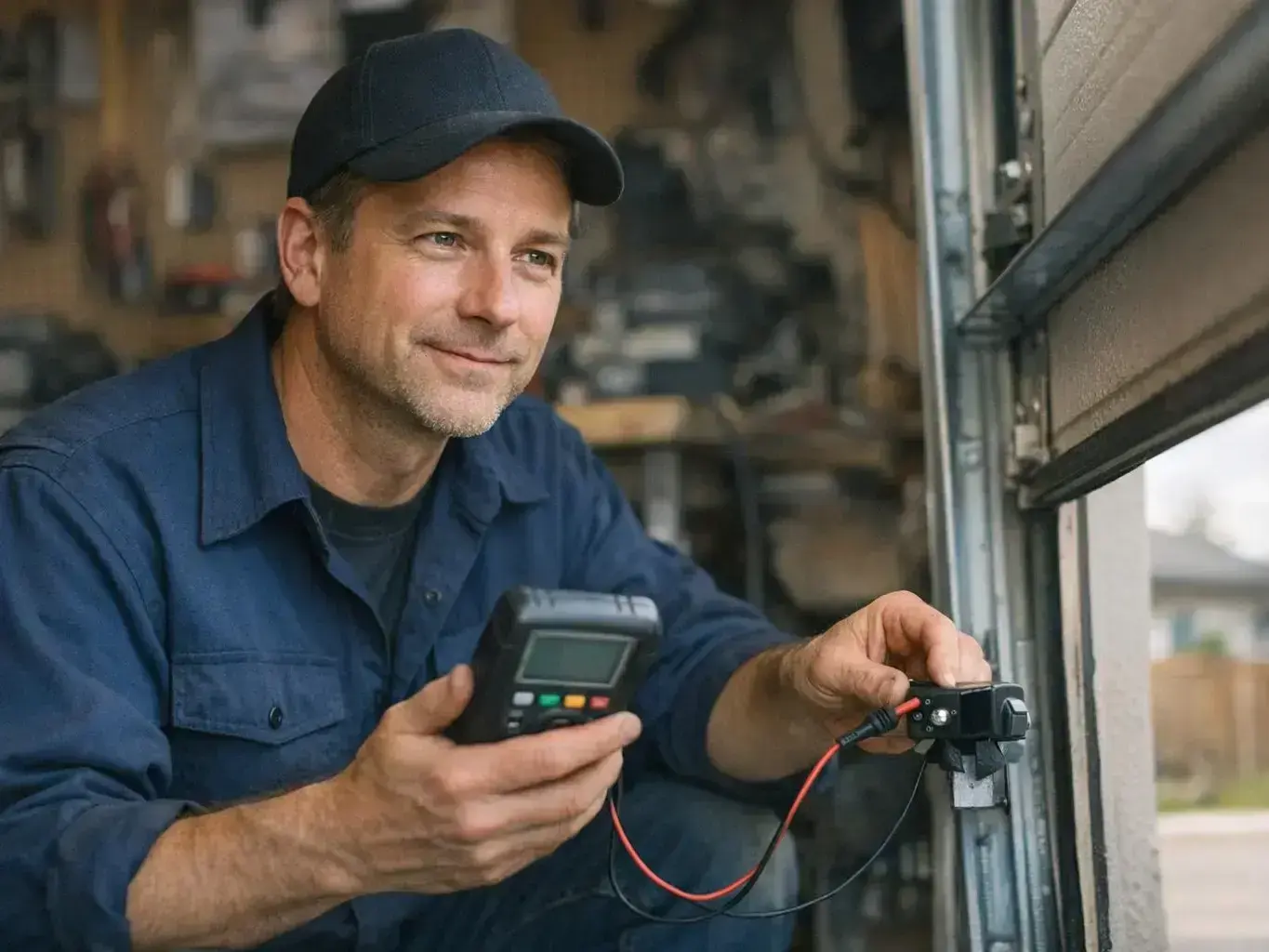 Technician replacing broken garage door spring in Stony Plain home with safety equipment
