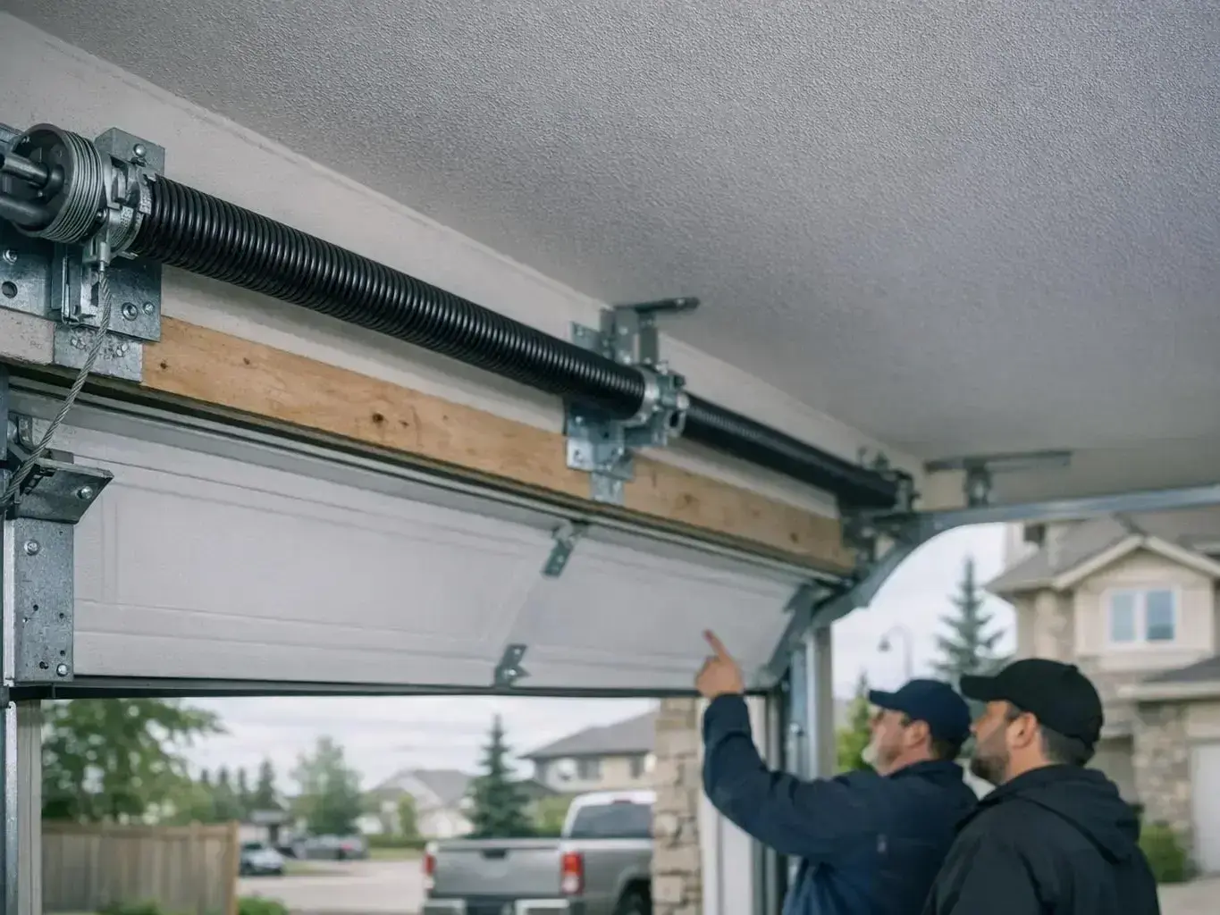 Technician replacing cracked garage door panel on residential home in Leduc
