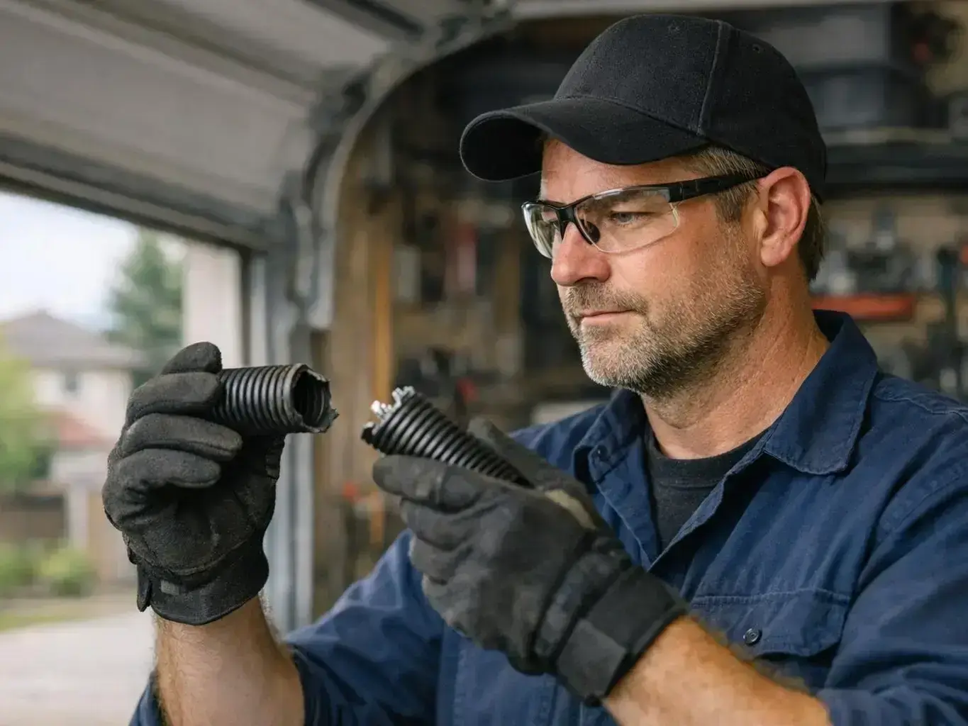 Technician documenting garage door cable wear and condition on inspection report
