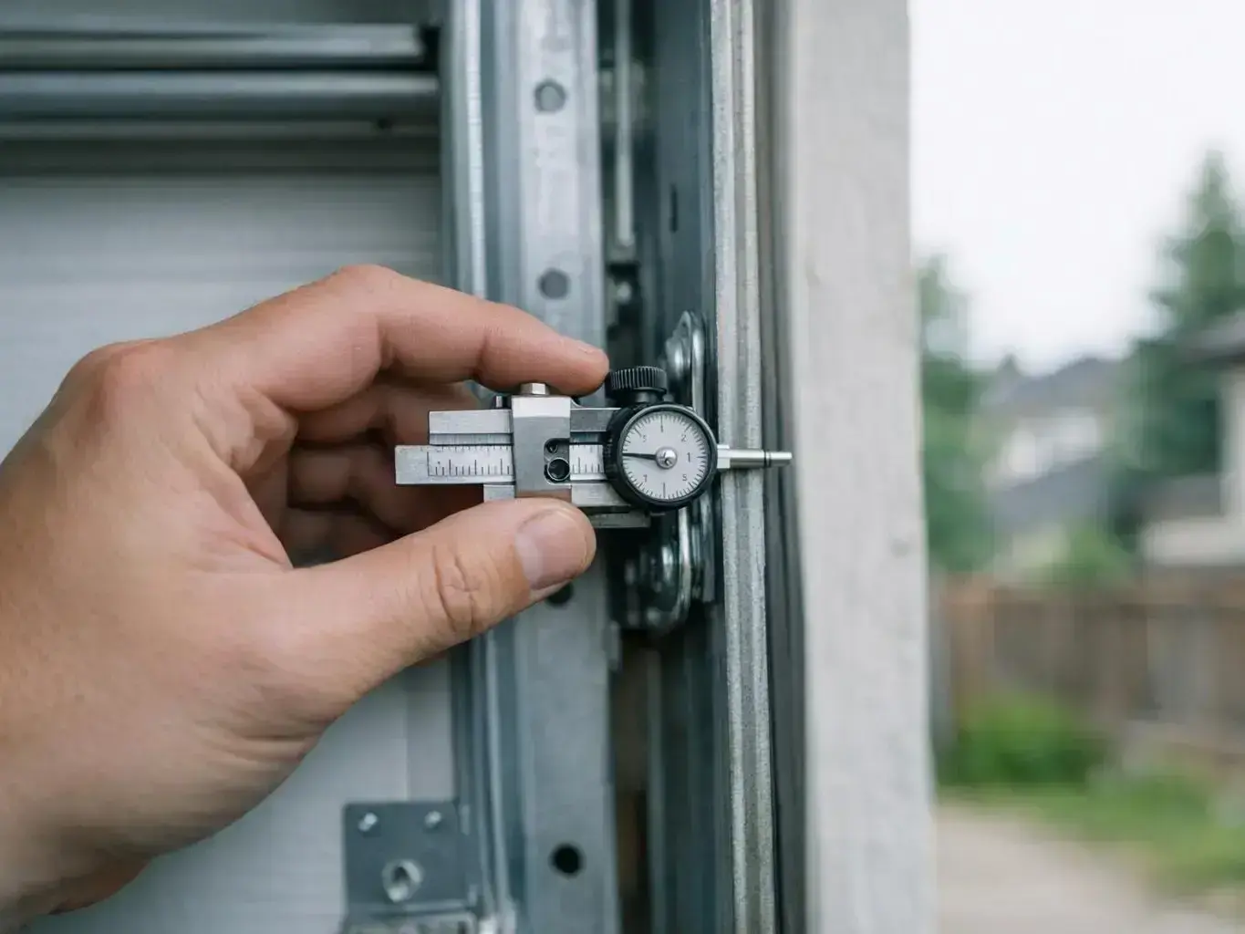 Certified technician testing garage door remote in cold weather conditions