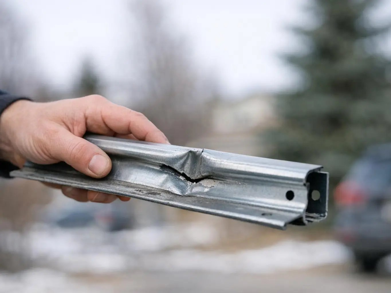 Technician replacing broken garage door spring in Devon home during winter