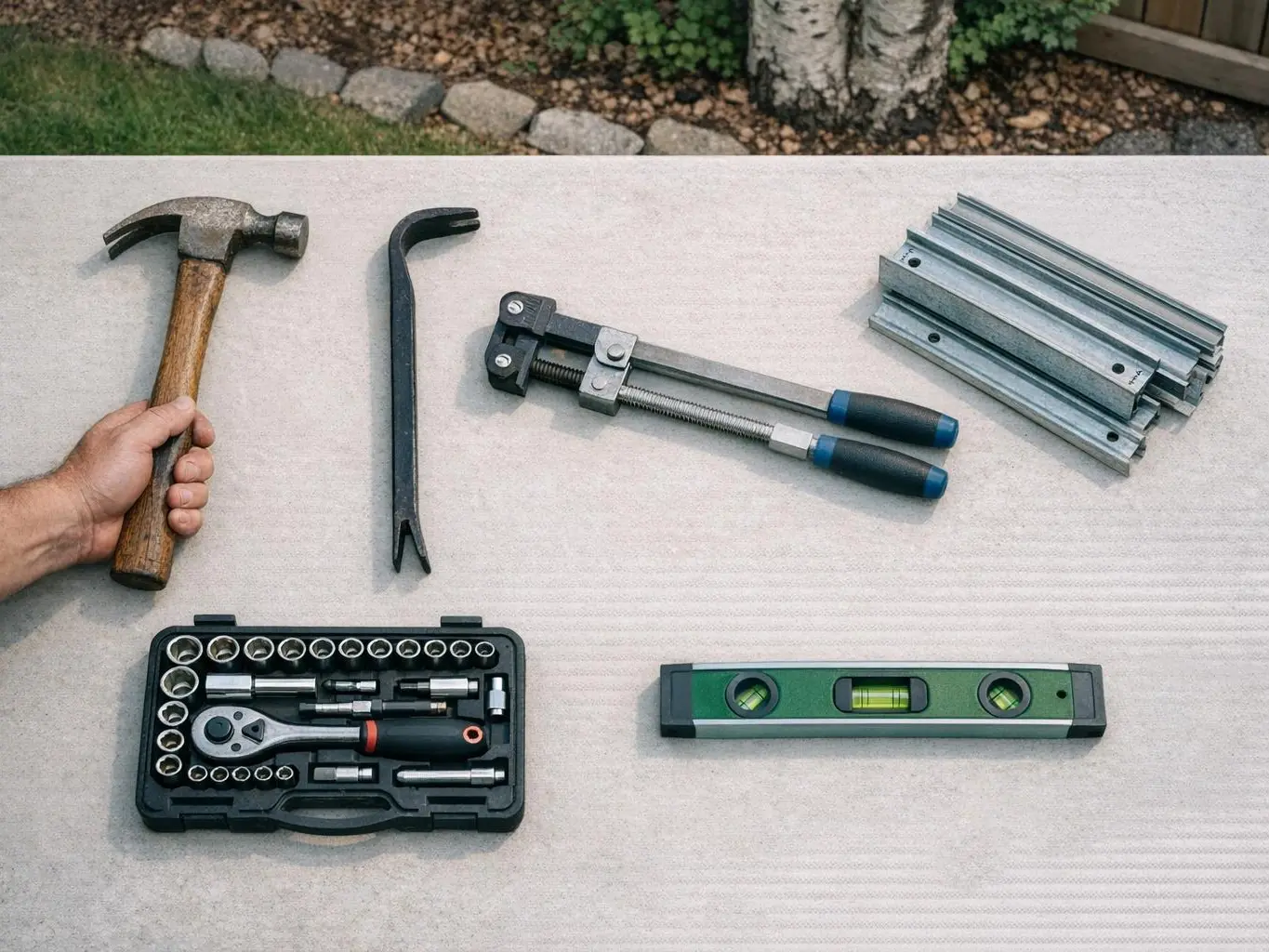 Technician securing garage door with safety blocks before spring replacement work