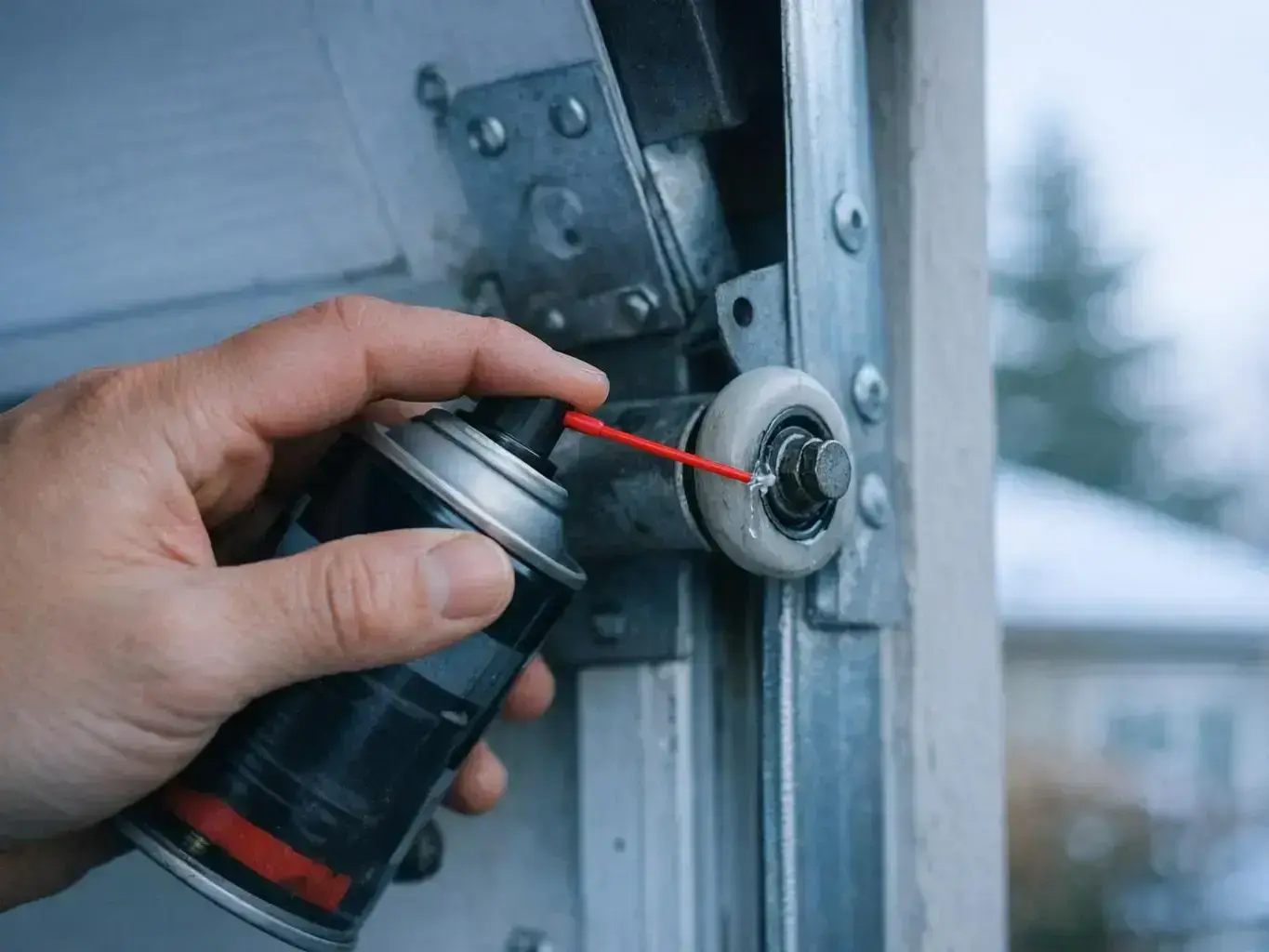 Misaligned garage door track showing gap and binding point before adjustment