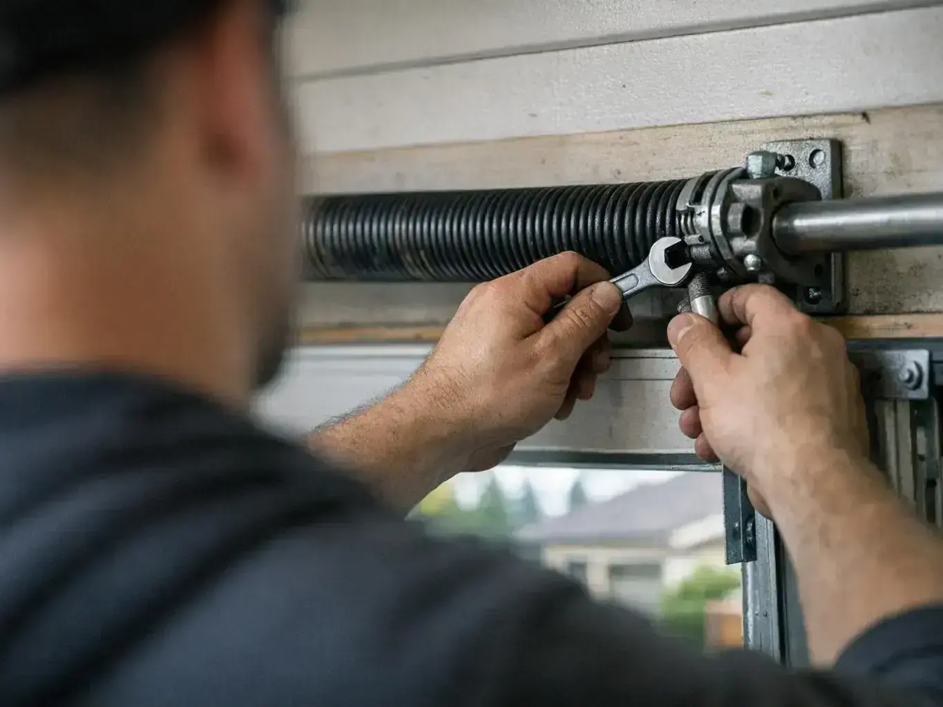Certified technician adjusting garage door spring tension in Ft Saskatchewan home