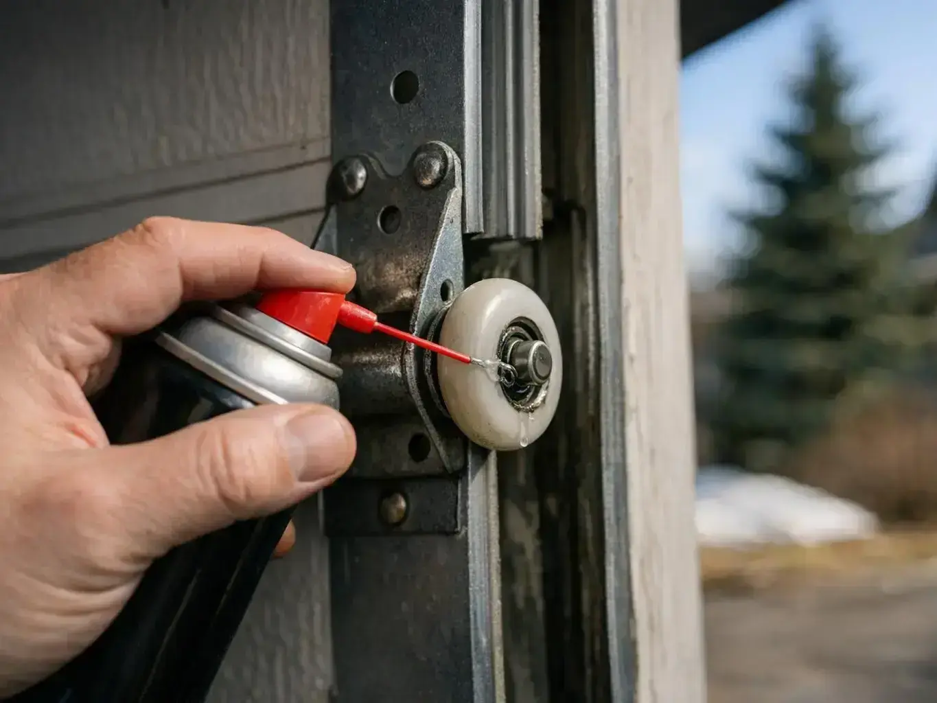 Technician straightening bent garage door track using precision tools and alignment equipment