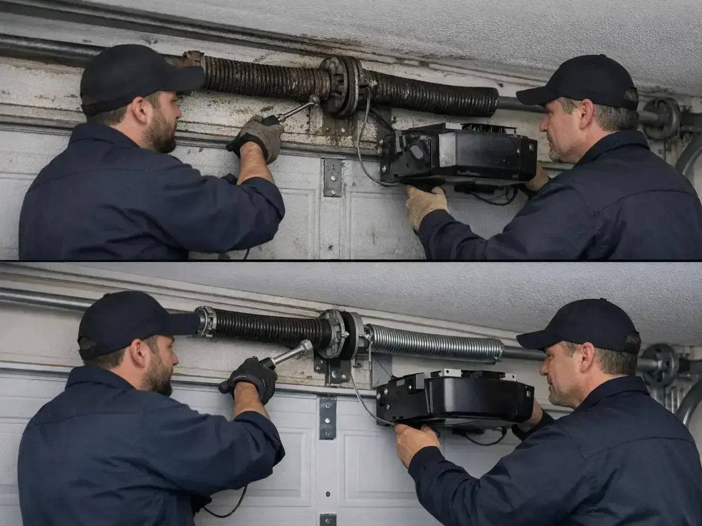 Close-up of properly lubricated and aligned garage door rollers on new track installation