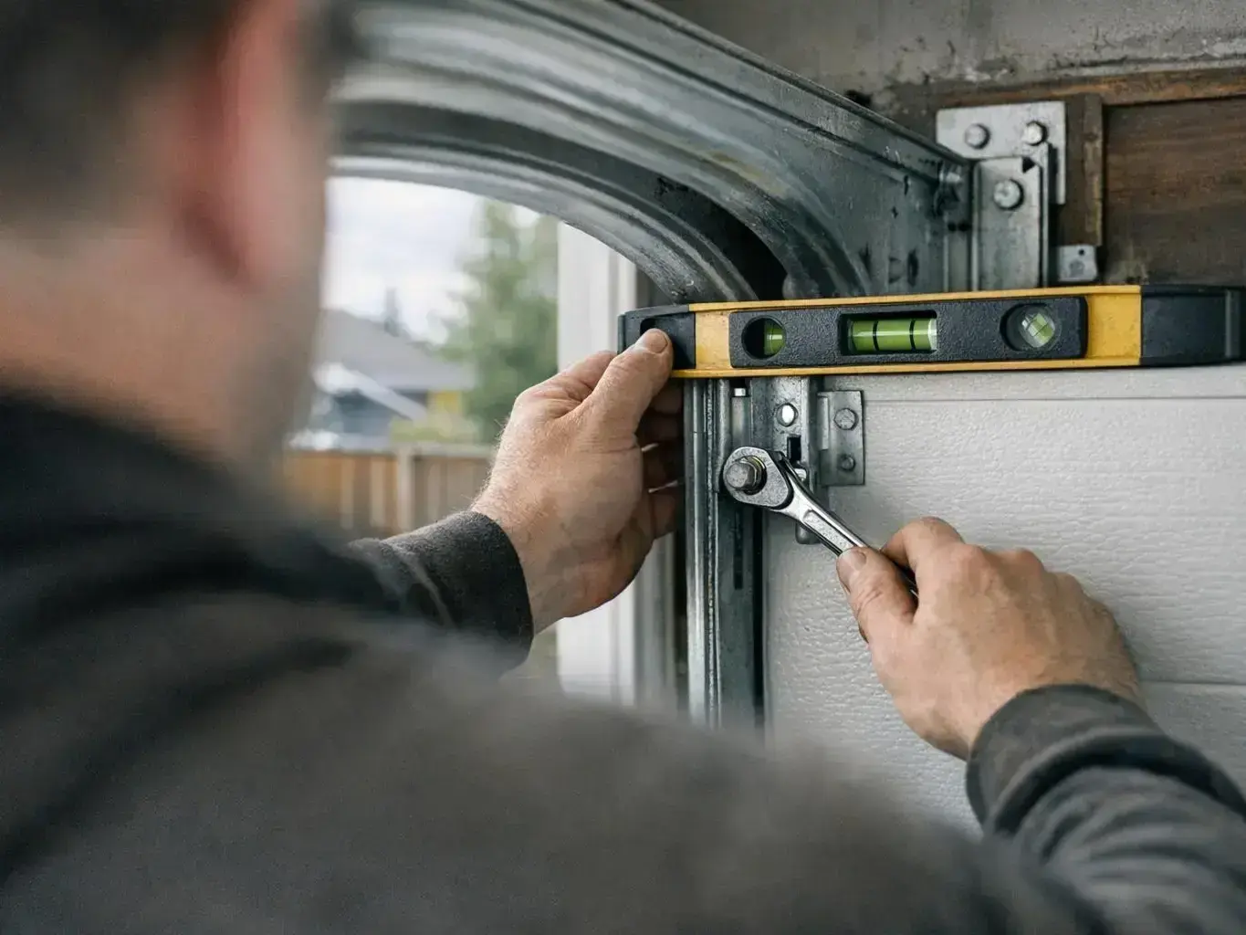 Close-up of warped garage door panels showing freeze-thaw damage from Alberta cold weather