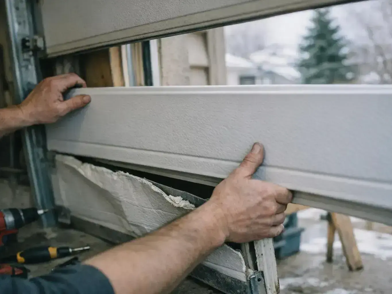 Foam insulation being installed inside a garage door panel in Ft Saskatchewan home